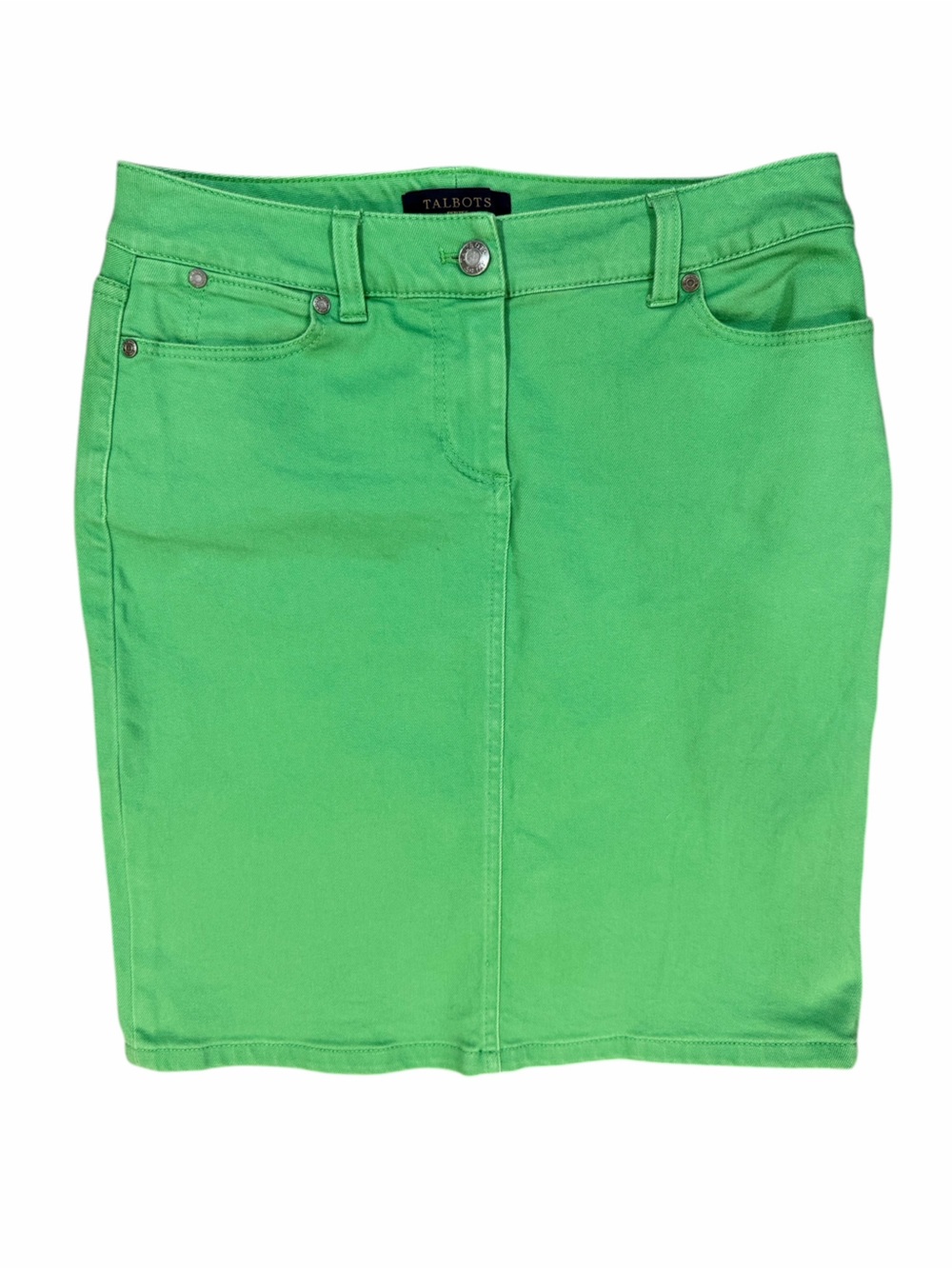 Talbots Petite Bright Green Stretch Denim Skirt Size 2P Knee Length